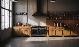 the kitchen is made from oak and has appliances on both sides
