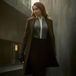 a woman in a long coat walks through an urban area