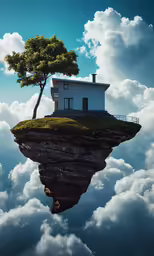there is a small house on the island, surrounded by clouds