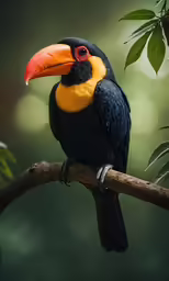 a black, yellow and orange bird with a long beak