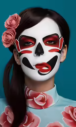 a woman with white and red face paint