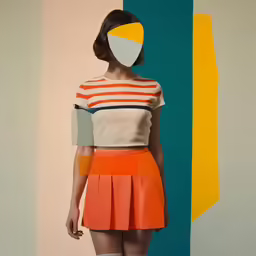 the girl with orange skirt stands in front of a colorful abstract painting