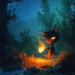 a glowing black cat sitting in the middle of a forest