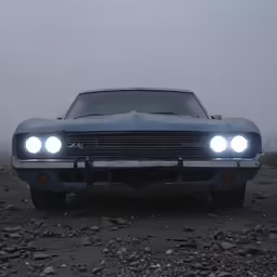 a blue classic mustang in the middle of nowhere