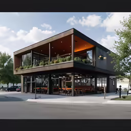 a restaurant with a balcony on the outside