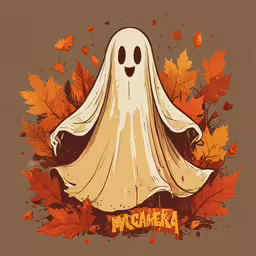 a cartoon ghost with pumpkin leaves around it,a ghost floating on top of a pile of leaves