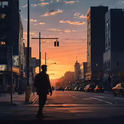 a person is standing on the corner watching the sun set