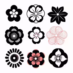 six flowered patterns with one flower black, pink and white,six black and pink flower silhouettes