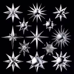 the stars of various shapes and sizes are shown,nine silver stars on black background