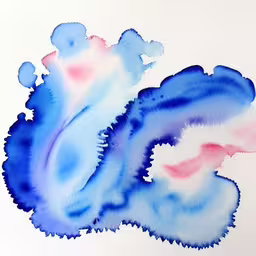 a painting of blue and pink on white paper