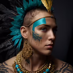 a woman in a blue headdress and feathers on her face