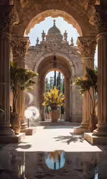 this is an entrance of a mansion with arches and vases full of flowers