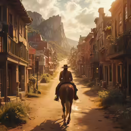 man rides horse down small village street during sunset
