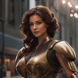 a woman dressed as iron man standing in front of a building