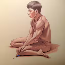 a colored pencil drawing of a boy sitting on the floor and holding a pencil in his hand,a picture of a boy drawing on a piece of paper