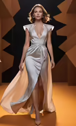 a woman walking down the runway wearing a long dress with open front