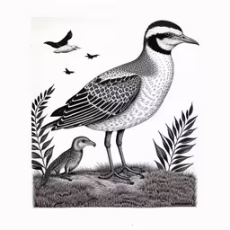 a bird standing next to a smaller bird,an adult bird is standing near a young duck