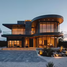 a modern building with a stone courtyard at sunset