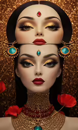 two women with ornate accessories on their face