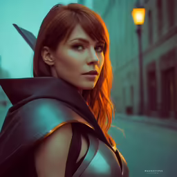 a beautiful woman with a knife and black leather outfit