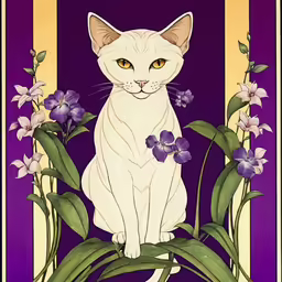 a white cat on a purple background, surrounded by flowers