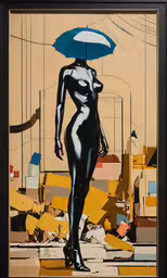 a woman walking in front of some piles of trash,a framed photo of a female body with an umbrella