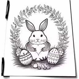 a drawing with a bunny sitting on the ground in front of an wreath,an easter card with a cartoon bunny and two eggs in a wreath,the drawing of a rabbit with eggs and branches,an easter bunny and her eggs,an adult drawing of an easter bunny