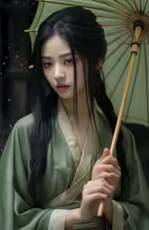 asian woman in traditional dress holding up an umbrella,a japanese woman with long hair holding a green umbrella