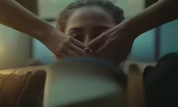 a woman is sitting down and looking at her hands