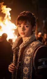 a woman in an ornate jacket stares into the camera as a fire swirls behind her