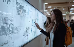 a woman points at an interactive screen that displays notes on it
