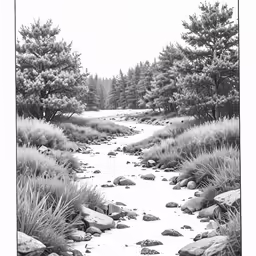 a black and white photo of a stream in the woods
