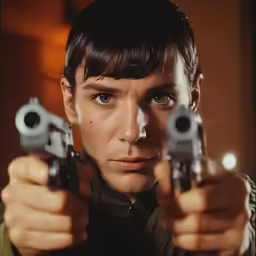 a man pointing two guns at the camera