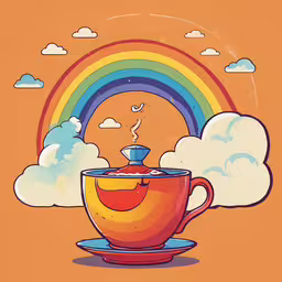 a cup with a rainbow and clouds in the background,a cup that is sitting in front of a rainbow