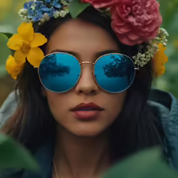 a beautiful young woman with sun glasses wearing flowers and a crown on her head