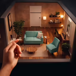 someone holding up their camera with the view of a living room through it