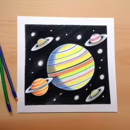 an illustration of a painting of saturn and its solar system,a drawing of saturn, planets and a pencil in front of it,a card depicting a planet drawn by hand on a table,colored pen and pencils drawing a solar system,this drawing was made using a colored pencil and markers
