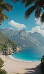 a palm tree stands at the edge of a sandy beach near mountains