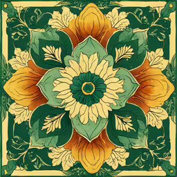 an image of a square with flowers and leaves,an art nouveau style flower with green and yellow