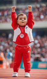 a child with arms in the air at an outdoor competition