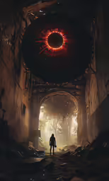 a man standing under an archway into a dark tunnel