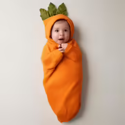 a baby is dressed in an orange sleeping bag