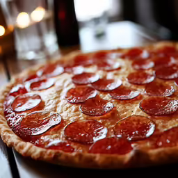 a pizza that is sitting on a wooden table