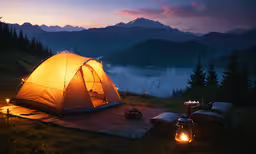 a tent set up in a field with lights and candles,a tent with lights in the night on a blanket in a field near some trees