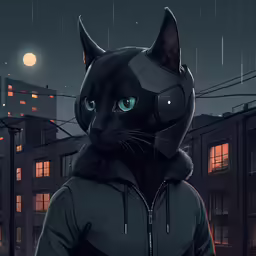 the black cat wears a hoodie and walks past a city at night