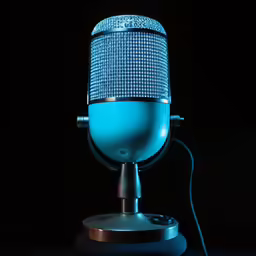 an empty blue microphone in the dark with a cable