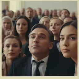 group of people in a business suit looking up with two men and two women on the side