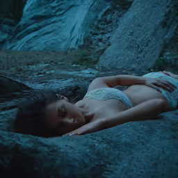 a women laying on top of some rocks