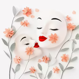 two people are wearing white masks, one with red lips and the other with fake flowers