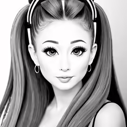 black and white photo of a girl with long hair wearing a pair of horns
